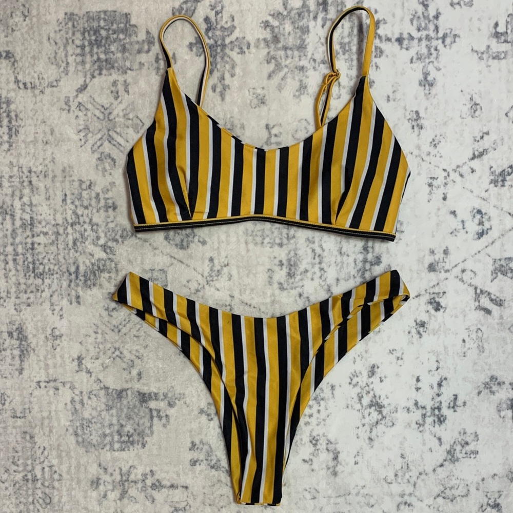 Striped Yellow and Black Bikini Set